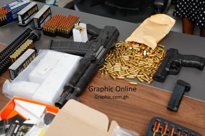 Tema Port: Customs intercepts assault rifle, two pistols and 610 rounds of ammunition being smuggled into Ghana. PHOTOS BY ELVIS NII NOI DOWUONA