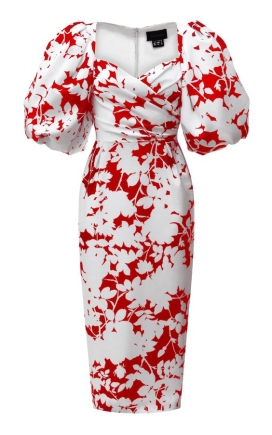 red and white puff midi dress