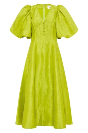 electric green puff midi dress