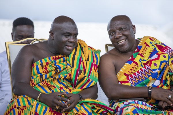 Julius Debrah (left), a former Chief of Staff, in a chat with Seth Acheampong, the Eastern Regional Minister.