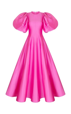magenta puff midi dress