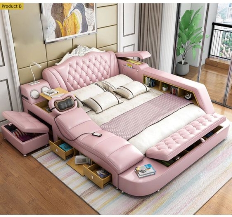 This smart bed has an integrated reclining massage chair with a remote, bookshelf, work station, reading lamp and a foot-stool