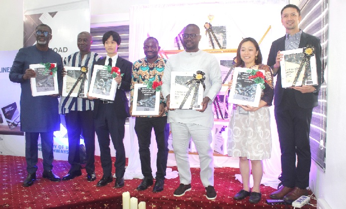 Francis Asenso-Boakye (3rd from right), Minister of Roads and Highways; Suzuki Momoko (2nd from right), Chief Representative, JICA Ghana; Kwabena Bempong (left), President of the Ghana Institution of Engineering; Dr Abass M. Awolu (2nd from left), Chief Director of the Ministry of Roads and Highways, launching the roads and bridges manuals in Accra. With them are some participants in the event. Picture: ESTHER ADJORKOR ADJEI Francis Asenso-Boakye (3rd from right), Minister of Roads and Highways; Suzuki Momoko (2nd from right), Chief Representative, JICA Ghana; Kwabena Bempong (left), President of the Ghana Institution of Engineering; Dr Abass M. Awolu (2nd from left), Chief Director of the Ministry of Roads and Highways, launching the roads and bridges manuals in Accra. With them are some participants in the event. Picture: ESTHER ADJORKOR ADJEI