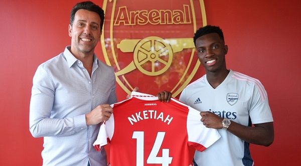Eddie Nketiah (right) will wear the iconic number 14 shirt at Arsenal next season Eddie Nketiah (right) will wear the iconic number 14 shirt at Arsenal next season
