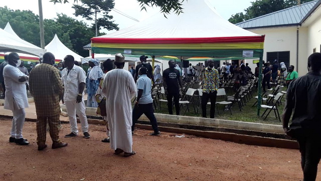 A scene outside the voting hall during the confusion