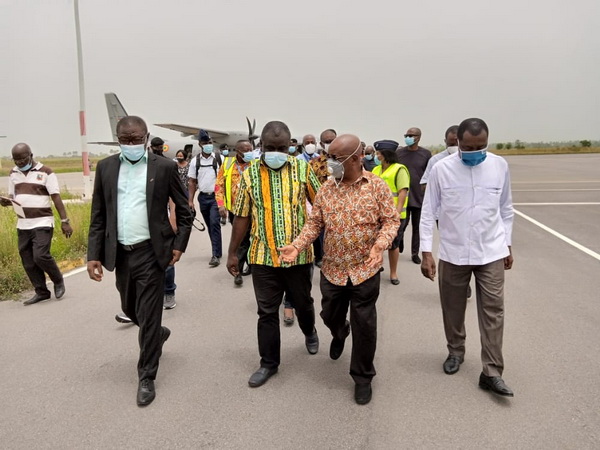 Mr. Asiamah (2nd from Left) with Dr. Archibald Letsa (2nd right) so after the former touched down at the Ho Airport.