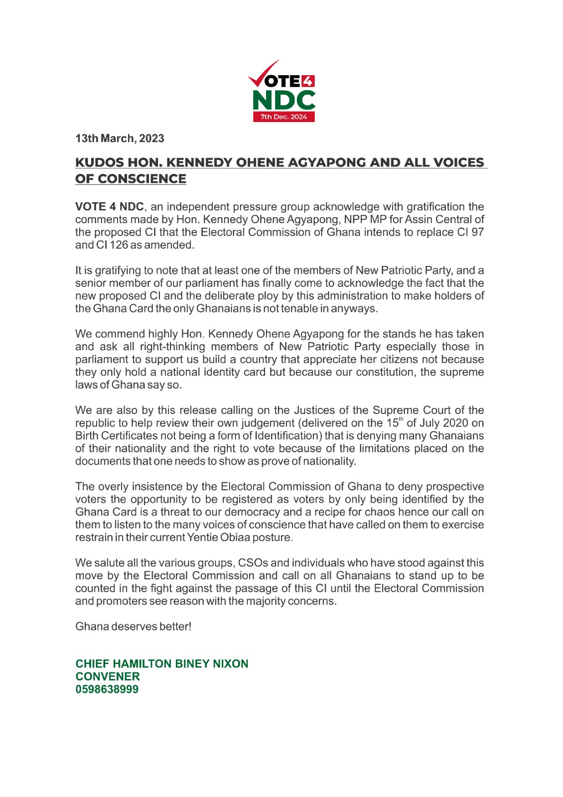 vote for ndc statement