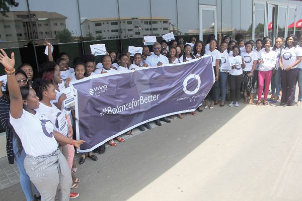 Some of the female workers of Vivo at the staff commemoration. INSET: Mr Ben Quattara, the Managing Director, speaking at the event Some of the female workers of Vivo at the staff commemoration. INSET: Mr Ben Quattara, the Managing Director, speaking at the event