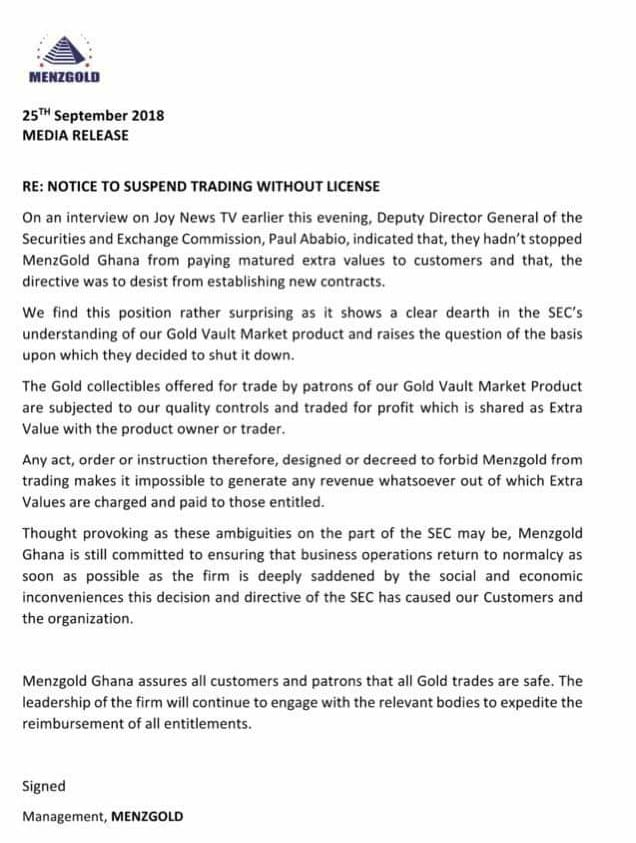 Menzgold statement Menzgold statement