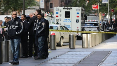 Bomb squad trucks seen outside the Time Warner building in New York City Bomb squad trucks seen outside the Time Warner building in New York City