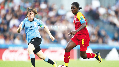 Mukarama Abdulai sprints with the ball past Uruguay’s Daniela Olivera