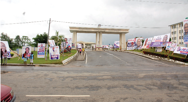 Paraphernalia of NPP aspirants on display at the main entrance to the Koforidua Technical University. Picture: Seth Takyi Boateng