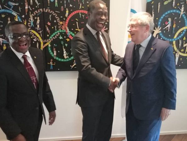 Ghana's Ambassador to Switzerland HE Ramsis  Cleland, and the GOC PRESIDENT Ben NUNOO MENSAH sharing a hearty chat with the IOC President Thomas Bach at the IOC Head Office in Lausanne Switzerland. Ghana's Ambassador to Switzerland HE Ramsis  Cleland, and the GOC PRESIDENT Ben NUNOO MENSAH sharing a hearty chat with the IOC President Thomas Bach at the IOC Head Office in Lausanne Switzerland.