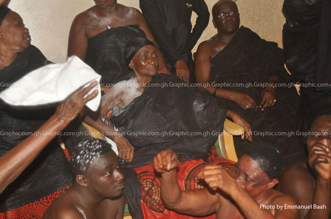This was after the Asantehene, Otumfuo Osei Tutu II introduced Nana Ama Konadu as the new Asantehemaa to the Gyaase at the Queen Mother's Palace on Monday. On the extreme left is the Kokofuhemaa, Osagyefo Kusiwah Mmua-Baayie, who was the caretaker Queen mother after the passing of Nana Afia Kobi Serwaa Ampem II. PICTURES BY EMMANUEL BAAH