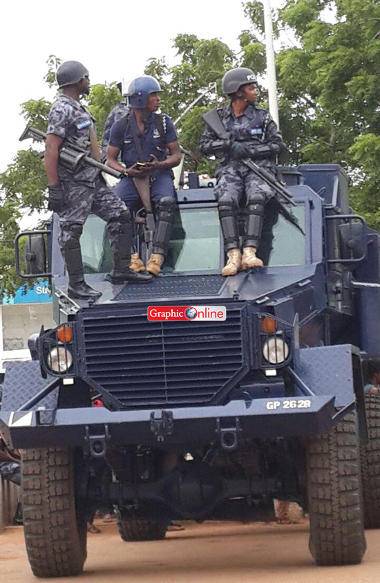 Police personnel waiting for the ICU demonstrators to show up in Tema