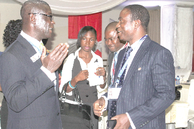 Mr Prince Kofi Amoabeng (left), Managing Director, UT Bank Ghana Limited, interacting with Professor Kwaku Atuahene-Gima (right), Executive Director, CEIBS Africa Programme, after the Vodafone African Business Leaders Forum in Accra. Picture: EDNA SARKODIE