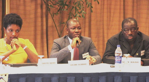 Mr Agambire (middle), and other speakers at the workshop. They are Mr Adjei Baah (right) and Mrs Louise Fox (left)