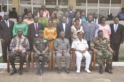Vice Admiral Matthew Quashie (seated middle), Chief of Defence Staff with the newly appointed defence attachés and their spouses after a 4 day seminar on International Relations in Accra. Picture: GABRIEL AHIABOR