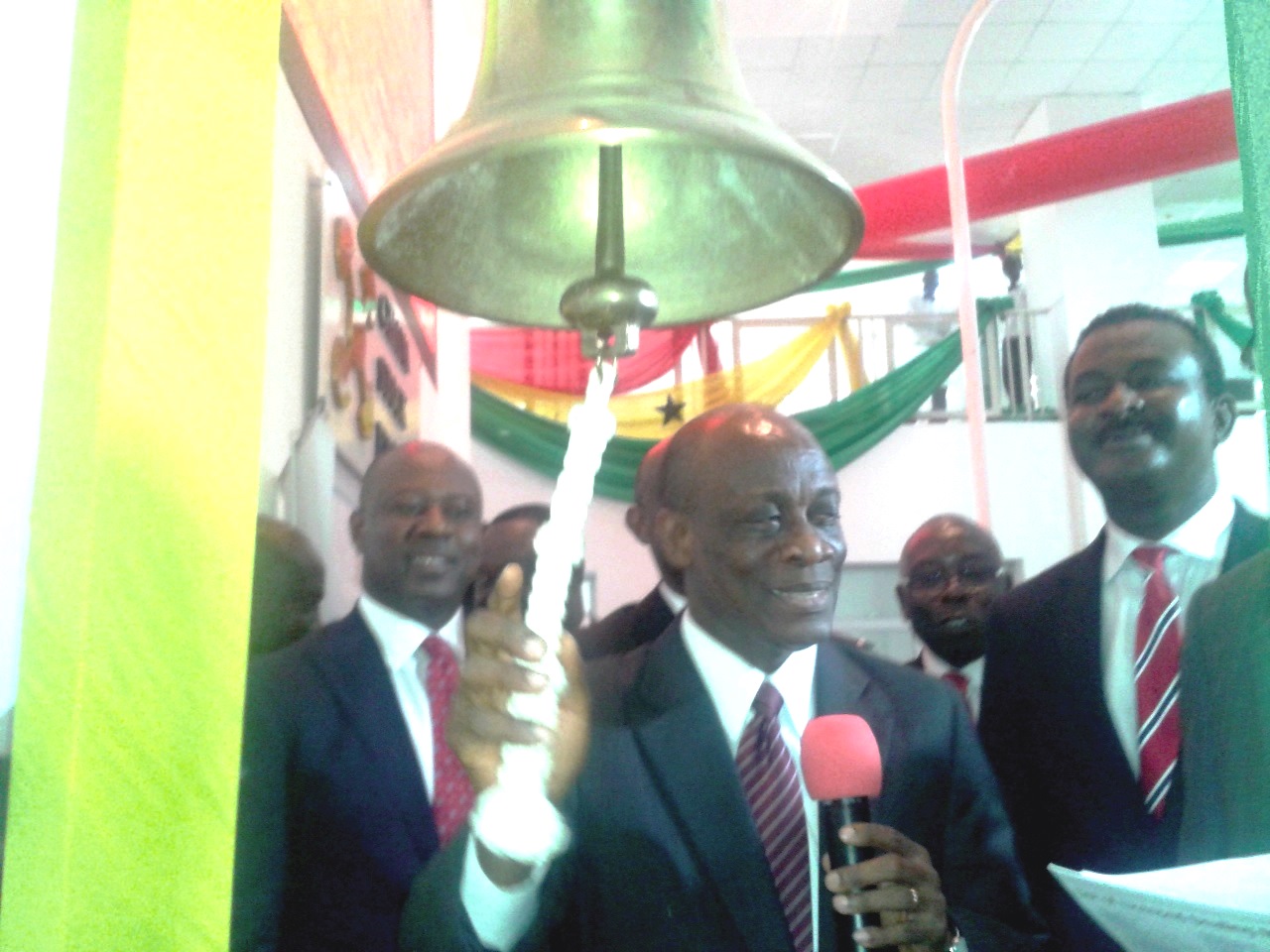 Mr Seth Terpker, Minister of Finance ready to ring the bell to signify commencement of trading in the US$1 billion Eurobond at the Ghana Stock Exhange.