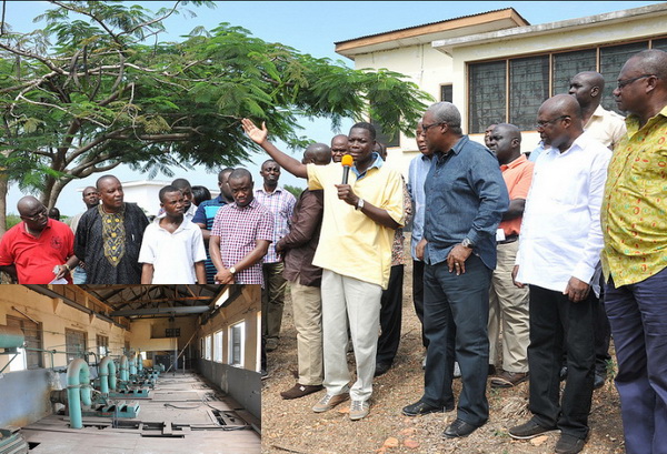 President John Mahama being briefed by the CEO of the Ghana Irrigation Development Authority, Dr. Ben Nyamadi while inset, parts of the old water pumps to be replaced.
