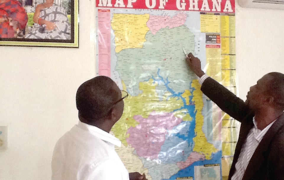 Mr Jacob Osei Yeboah explaining to Mr Kobby Asmah, our Political Editor, the economic benefits of the railway line project across the sub-region.
