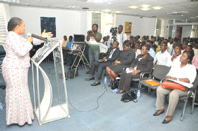 Rev Dr Joyce Aryee addressing a youth forum on unemployment in Accra.