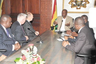 President Mahama addressing the Stanchart delegaton during a meeting at the Flagstadd House in Accra