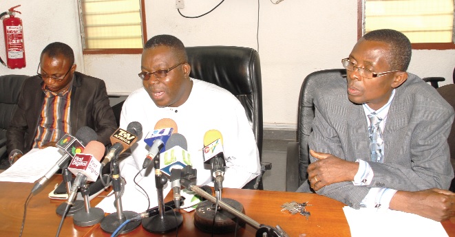 Mr Eric Angel Carbonu (middle) Vice President of the National Association of Teachers (NAGRAT) addressing the media during a press conference organised by the NAGRAT in Accra. 