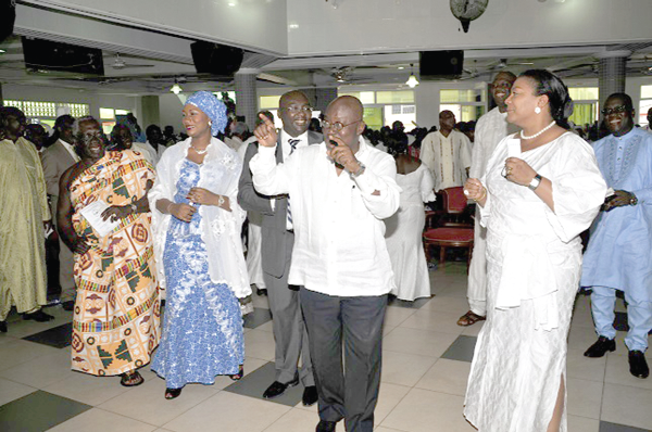 Nana Akufo- Addo with his wife (right) dancing to gospel music. On their left is Dr Mahamudu Bawumia and his wife during church service last Sunday.