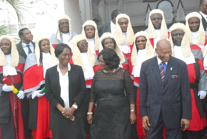Mrs Marrietta Brew Appiah-Opong (4th left), Attorney-General & Minister for Justice, interacting with the Chief Justice, Justice (Mrs) Georgina Theodora Wood, after the swearing-in of 14 High Court Judges. With them include Mr Sam Okudjeto (right), a former GBA president.Picture: Emmanuel Baah