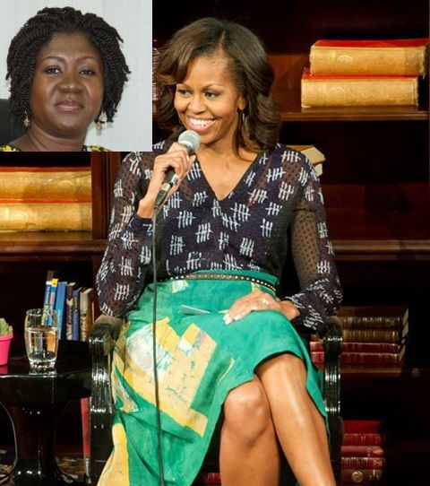 INSET:The maker, Linda Ampah, a popular face on TV3 Ghana's Most Beautiful and the wearer, Mrs Michelle Obama