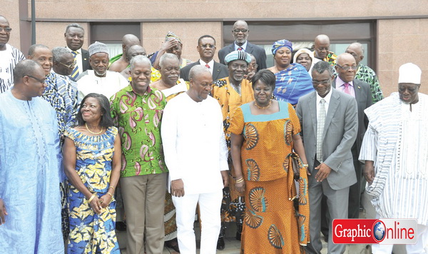 President Mahama (middle) and Vice-President Kwesi Bekoe Amissah-Arthur (3rd from left) interacting with members of the Council of State at the Paduase Lodge. Picture: EBOW HANSON