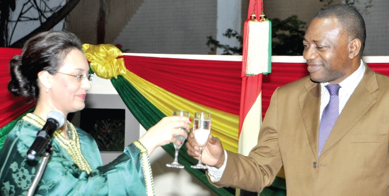 Mrs Nezha Alaoui M'hammdi (left), responding to a toast by Mr Rashid Hassan Pelpuo at the ceremony. 