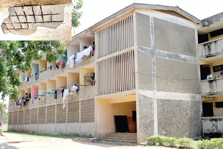 A view of one of the blocks. INSET: Cracks on one of the ceilings exposing the iron rods of the building.