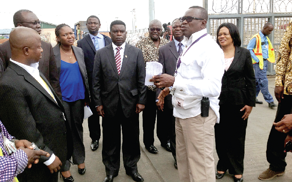 Mr Alex Yeboah (first right), Airside Operations Manager, Aviance Ghana, briefing members of the GSA Governing Council on the operations of the company. In the middle is Dr Kofi Mbiah, CEO, Ghana Shippers’ Authority