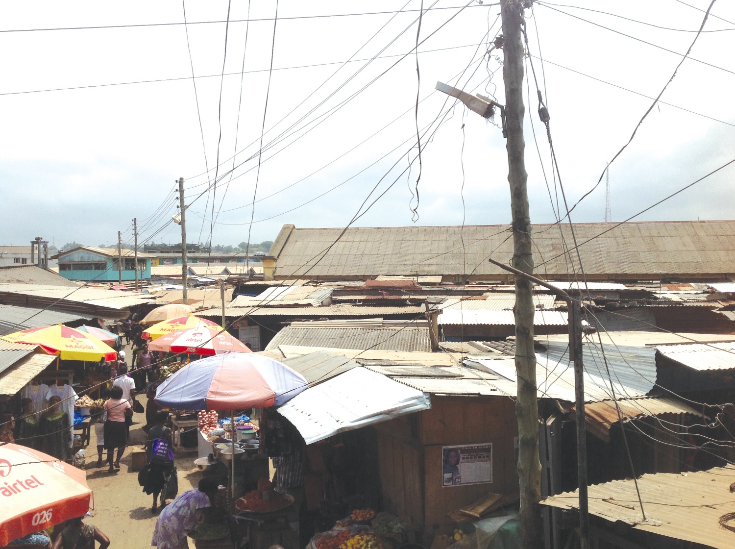 Entangled electricity wires showing illegal connections at a section of the Takoradi Central Market