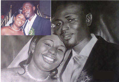 A pencil portrait of a couple by Antwi