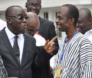 NPP General Secretary, Kwadwo Owusu-Afriyie (left) in a conversation with NDC General Secretary, Johnson Asiedu Nketia