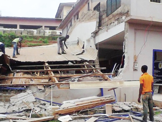 The collapsed buildings in Bubuashie (top) and Nkawkaw 