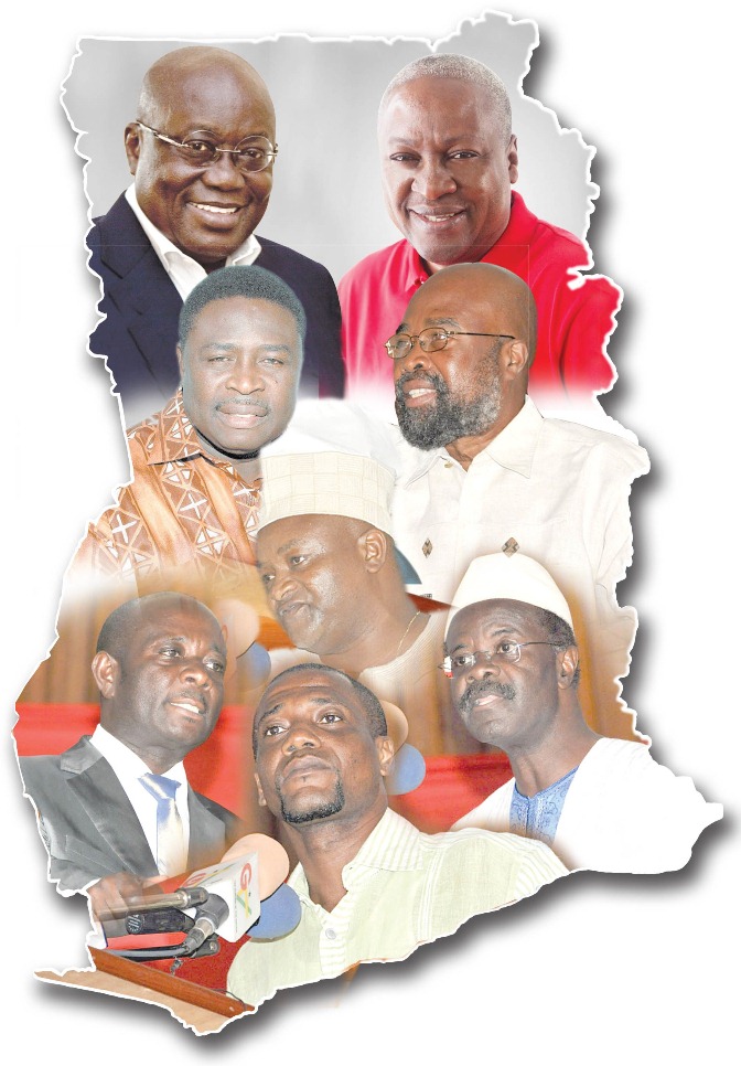 Bottom up from right: Dr Papa Kwesi Nduom - PPP,  Mr Jacob Osei Yeboah - Independent, Mr Kwesi Addae - UFP, Mr Hassan Ayariga - PNC, Dr Henry Lartey - GCPP, Dr Abu Sakara - CPP, President Mahama - NDC, Nana Akufo-Addo, NPP