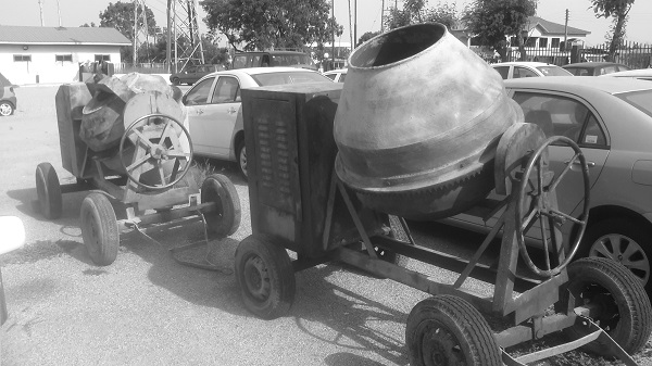 Some of the retrieved concrete mixing machines on display at the police station.