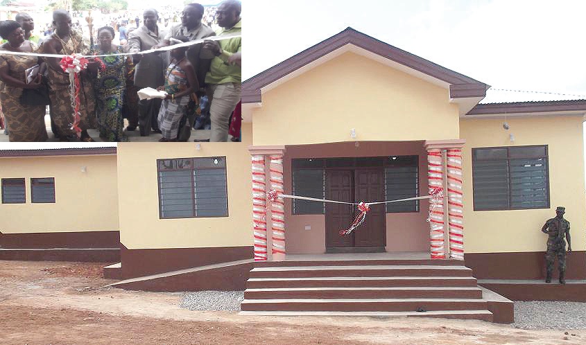 The front view of the ICT centre. INSET: Mrs Matilda Amissah-Arthur(3rd left) being assisted by Nana Kofi Yeboah VIII (2nd right), Mr Samuel Sarpong (3rd right) and Mr Samuel Oppong(2nd right) to inaugurate the ICT centre.