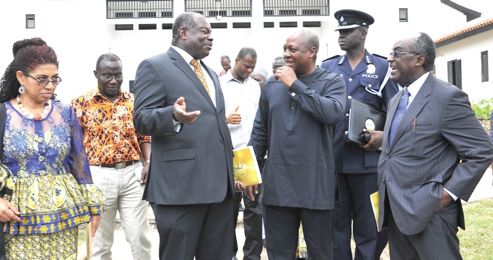 President Mahama (2nd right) interacting with Prof Ernest Aryeetey, after the opening session of the conference. Those with them are Prof. Akosua Adomako Ampofo (left) Director of the Institute of African Studies, and Prof Dateh-Bah (right)