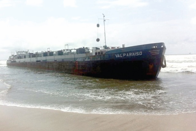 The bulk oil carrier, MV Paraiso, at the beach at Krisan, near Ekwei.