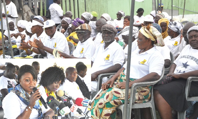 The aged at the ceremony at the HelpAge centre at Osu, to mark the UN day for the Aged. INSET: Mrs Benita Okity-Duah (left), addressing the aged at the  durbar.