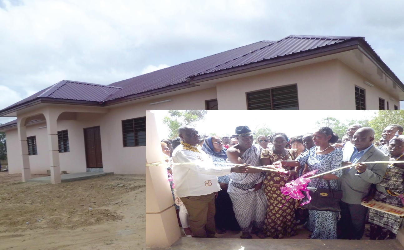 • Front view of the community centre complex. INSET: Mrs Amissah-Arthur, with the assistance of Mr Ganyaglo and other dignitaries, cutting the ribbon to inaugurate the building.
