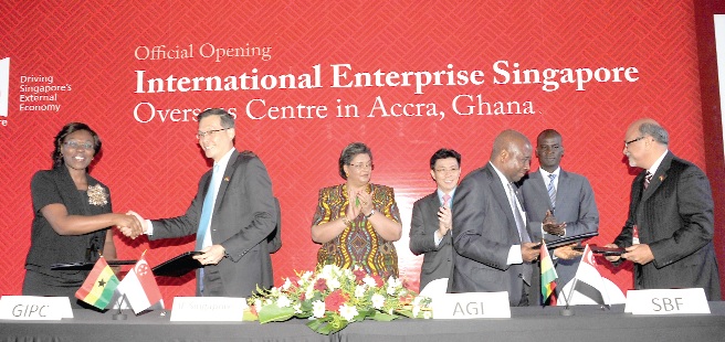 (LEFT) Mrs Mawuena Treba, CEO, GIPC; and Mr Teo Eng Cheong,  CEO, IE Singapore; and Nana Afari, President, AGI; and Mr Shabbir H. 