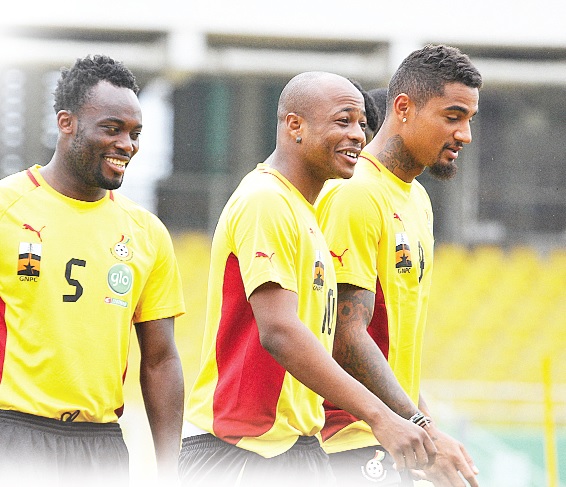 Black stars returnee midfields Michael Essien, Andre Ayew and Kevin-Prince Boateng(right) at yesterday’s training session. 