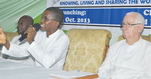 Rev. Fr. George Angmor SVD (2nd right), Acting Provincial Superior of Ghana addressing the media and some Catholic Priest at the press conference organised by the Divine World Missionaries of the Catholic Church 