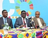 Dr Emmanuel Mbiah (middle), Country lead, Ocean centres Ghana addressing the press conference in A